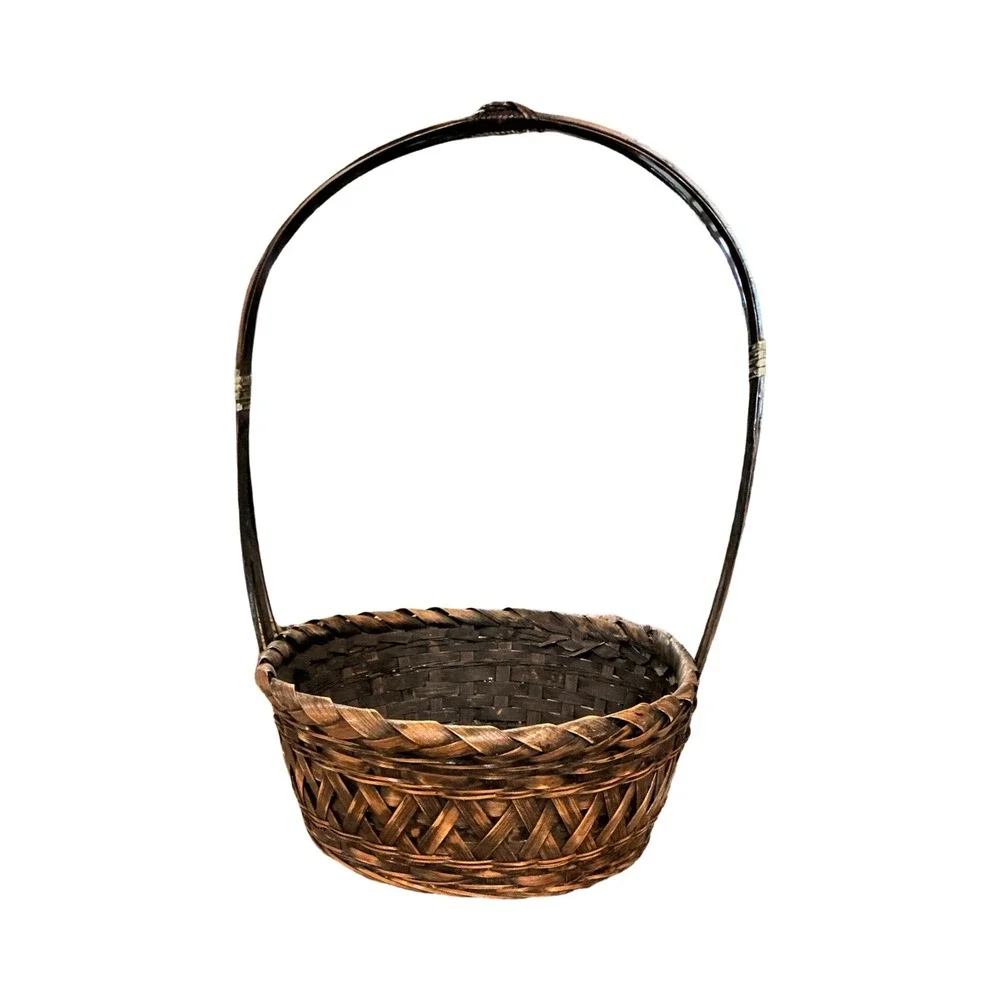 Vintage Dark Brown Wicker Gathering Basket Tall Handle Farmhouse Decor 10.5in